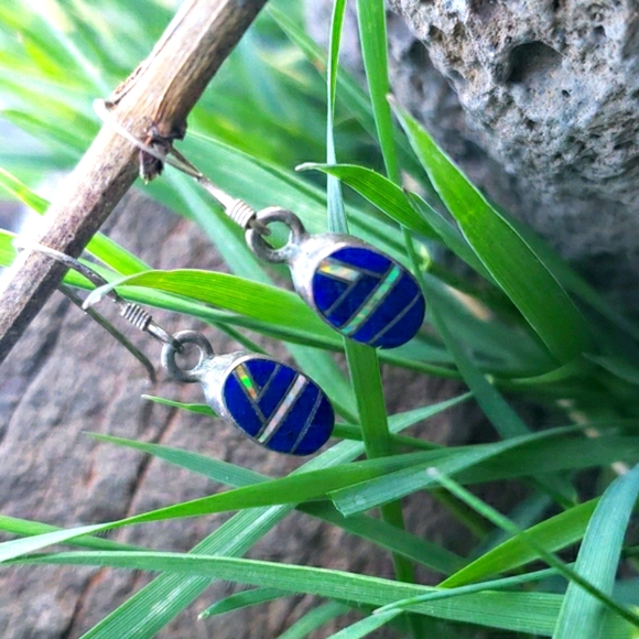 Vtg Genuine Lapis Opal Mosaic Silver Drop Earrings - Picture 7 of 16